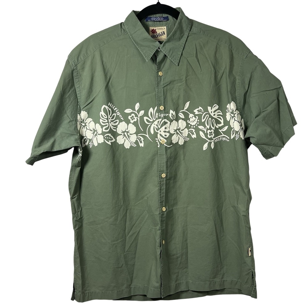 VTG‎ Tommy Hilfiger Y2K Short Sleeve Men's XL Shirt Green White Floral Cotton